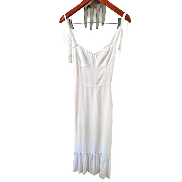Reformation Adler Ivory Midi Dress Size 0 Tie Strap Smocked Back Ruffle Hem Bust - Picture 3 of 14